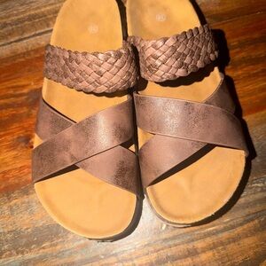 Brown Braided Strap Slide Sandals
